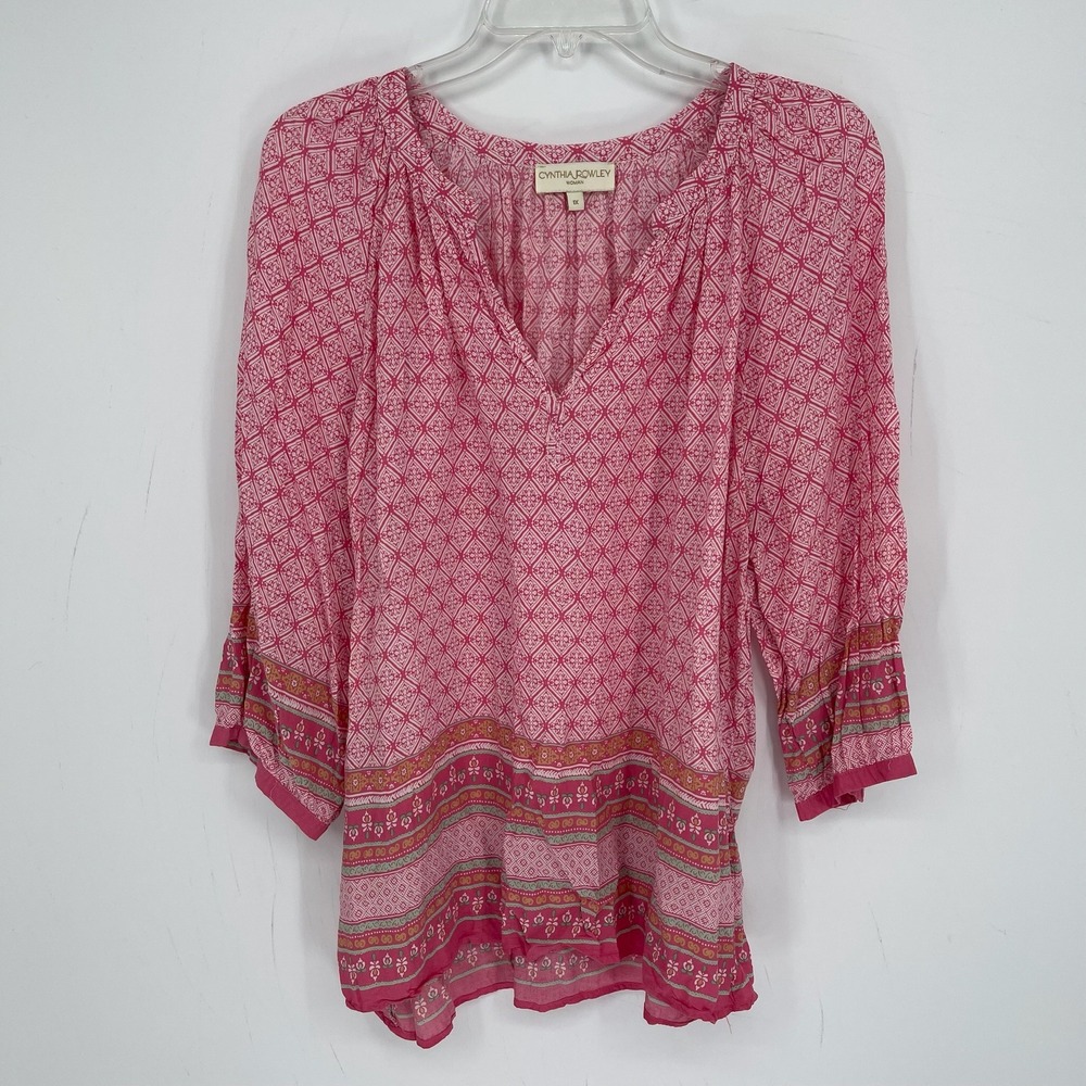 Cynthia Rowley Women's Pink Geometric Border Print V-Neck Peasant Blouse Size 1X